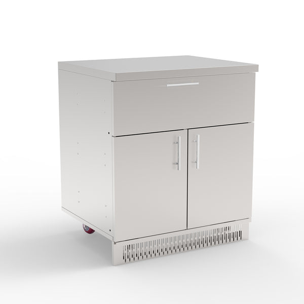 A white stainless steel kitchen cabinet with a drawer and two doors, set against a plain background.