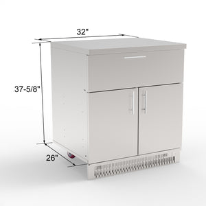 A white stainless steel kitchen cabinet with a drawer and two doors, set against a plain background.