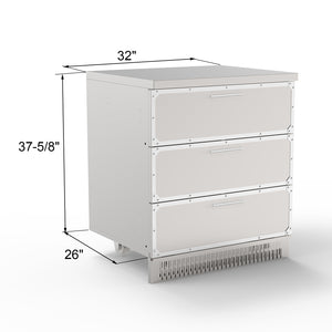 A white stainless steel outdoor kitchen cabinet with three drawers and a bottom shelf, set against a neutral background.