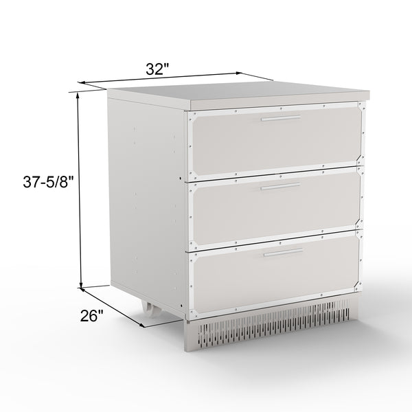 A white stainless steel outdoor kitchen cabinet with three drawers and a bottom shelf, set against a neutral background.