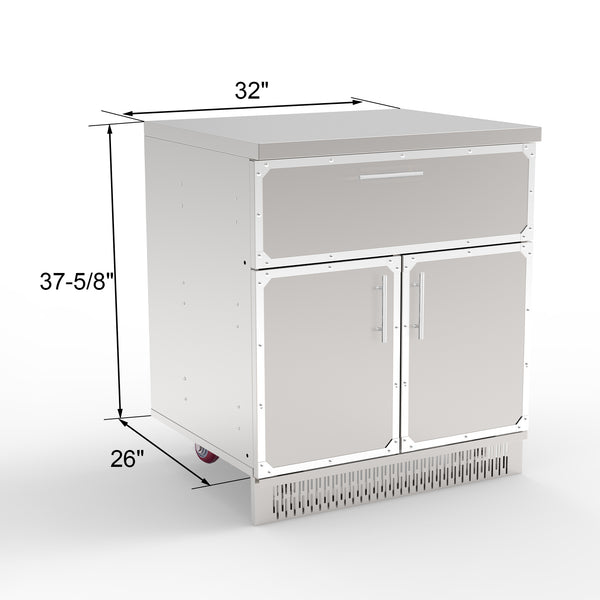 A stainless steel outdoor kitchen cabinet with one drawer and two doors.