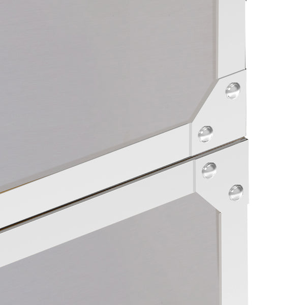 A set of two stainless steel outdoor kitchen cabinets with a drawer and multiple doors, featuring a clean white finish.