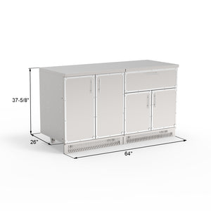 A set of two stainless steel outdoor kitchen cabinets with a drawer and multiple doors, featuring a clean white finish.